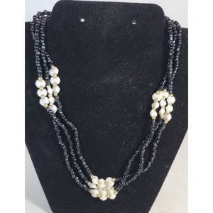 Triple Strand Black and White Stone and Bead Necklace Jewelry 18 inch